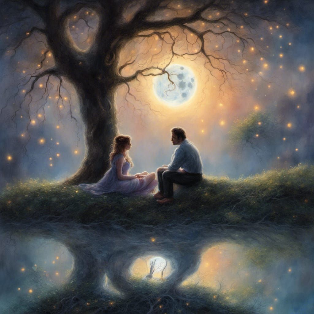 Cuddle Under Moon in Burton-Kinkade Style