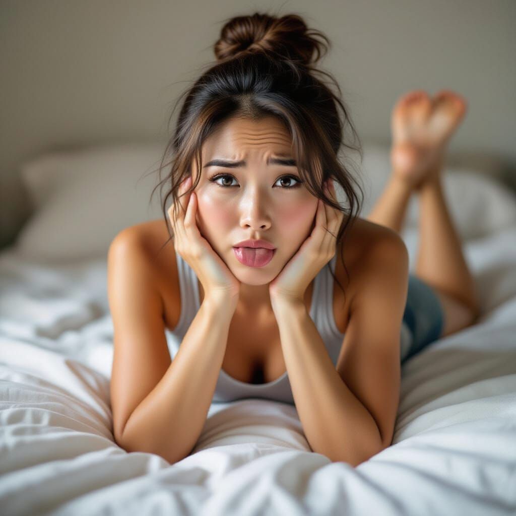Flustered Woman on Bed in Realistic Style