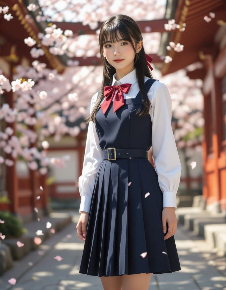 Kaori in Shrine Courtyard with Scattering Cherry Blossoms