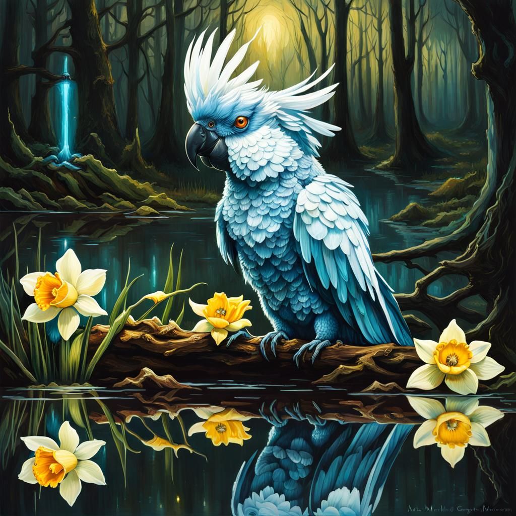 Steampunk Cockatoo with Bioluminescence in Dark Fantasy Styl...