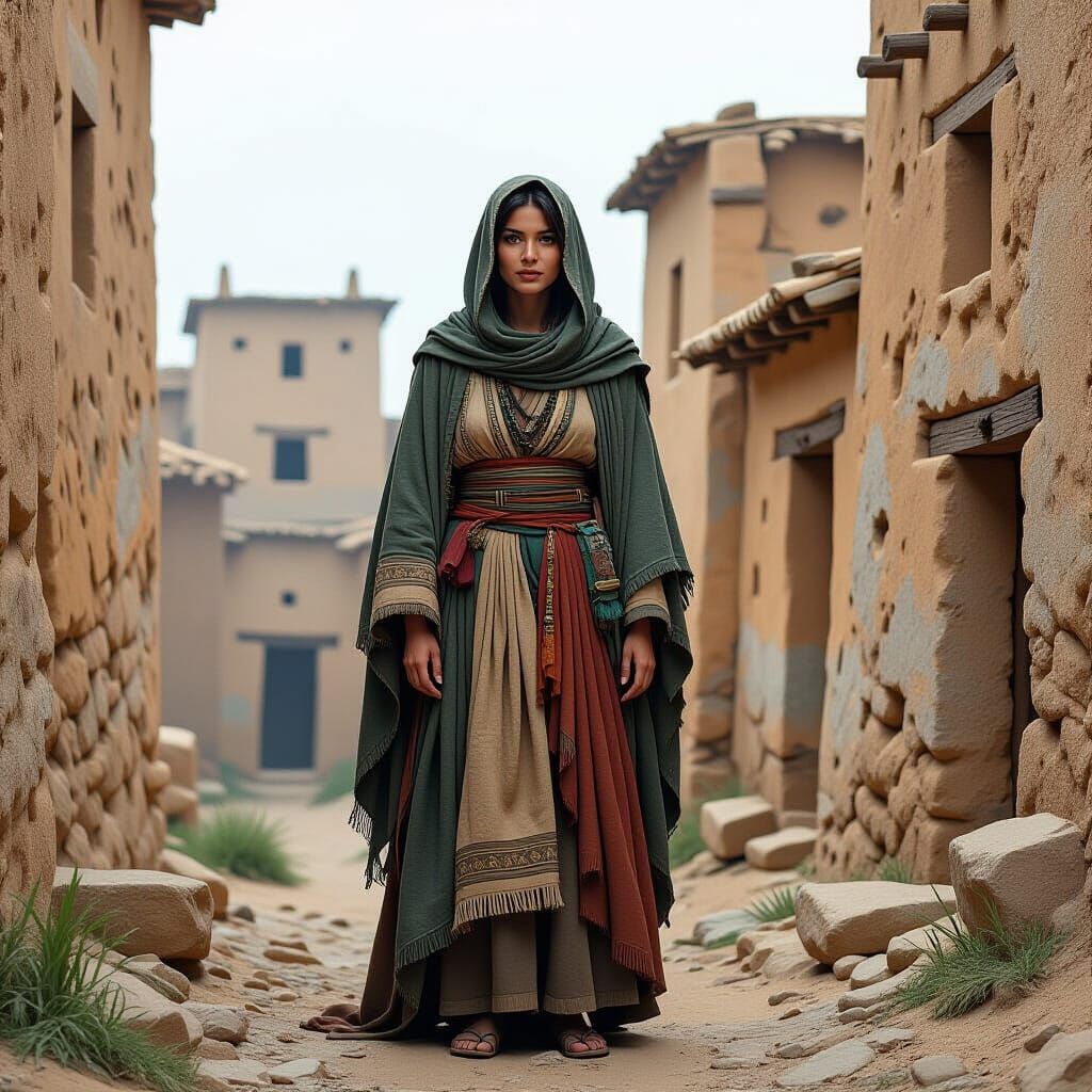 Ancient Woman in Front of Stone Buildings
