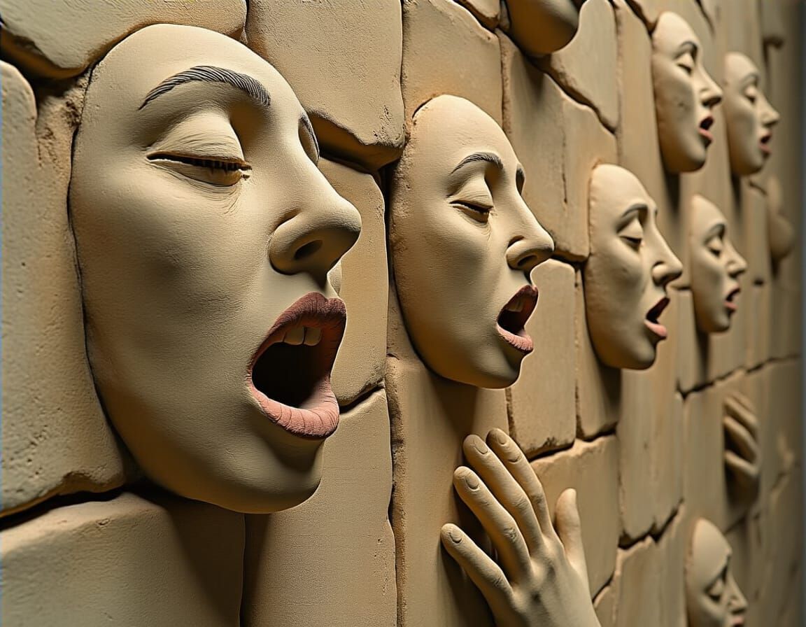Surreal Whispering Faces Clay Wall Sculpture
