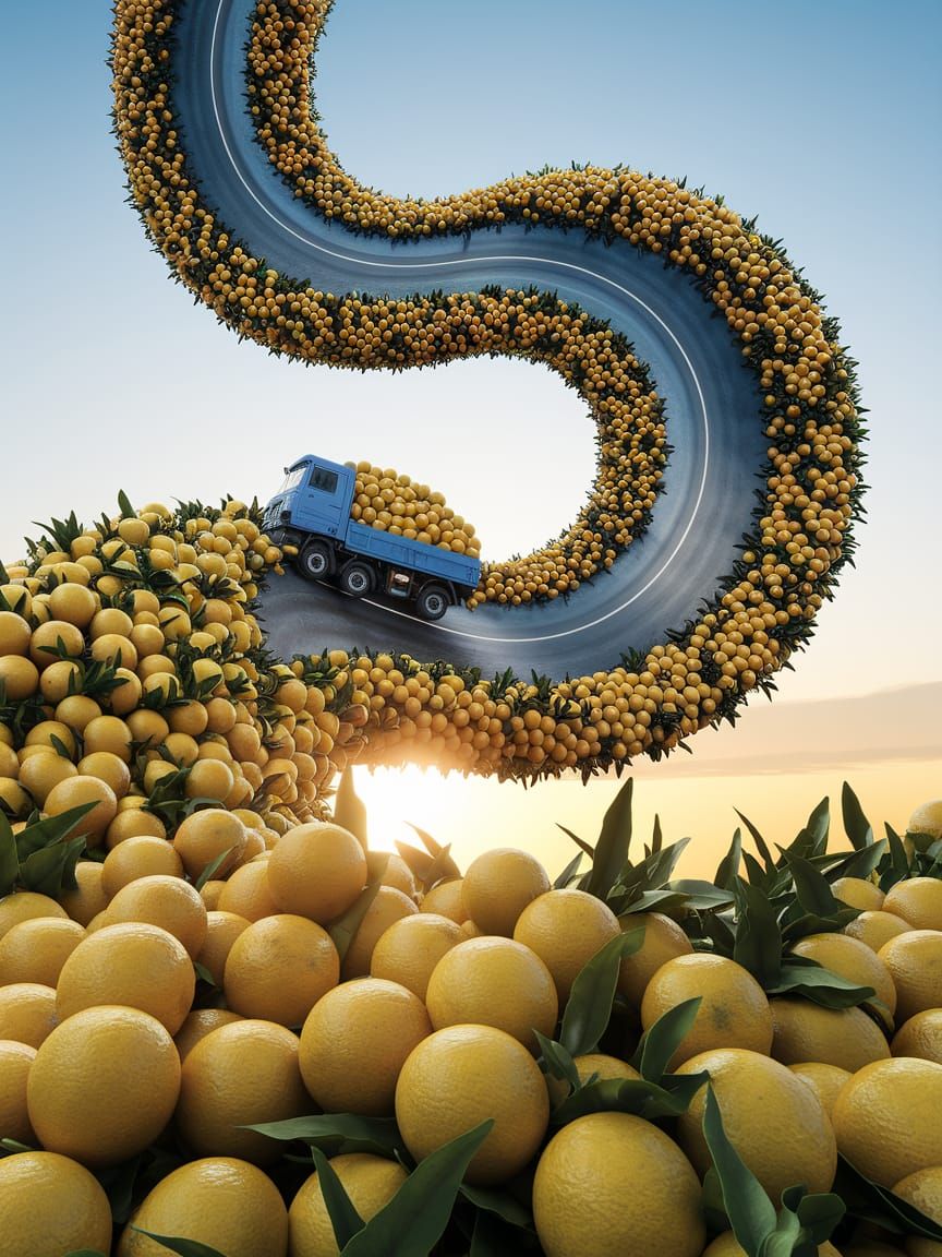 Lemons on a Winding Road to a Mountain Castle in Double Expo...