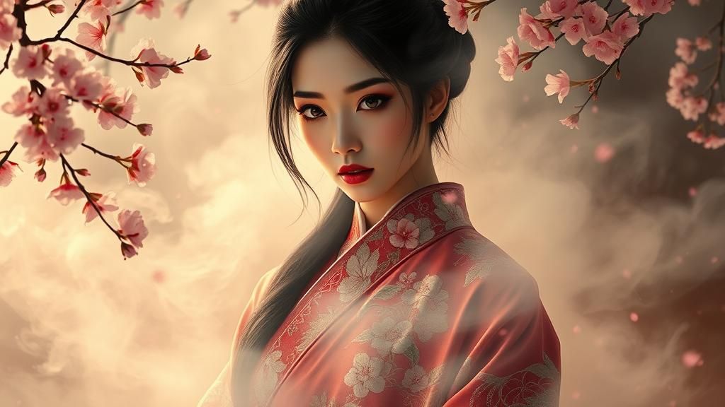 Enigmatic Asian Siren in Cherry Blossom Dreamscape