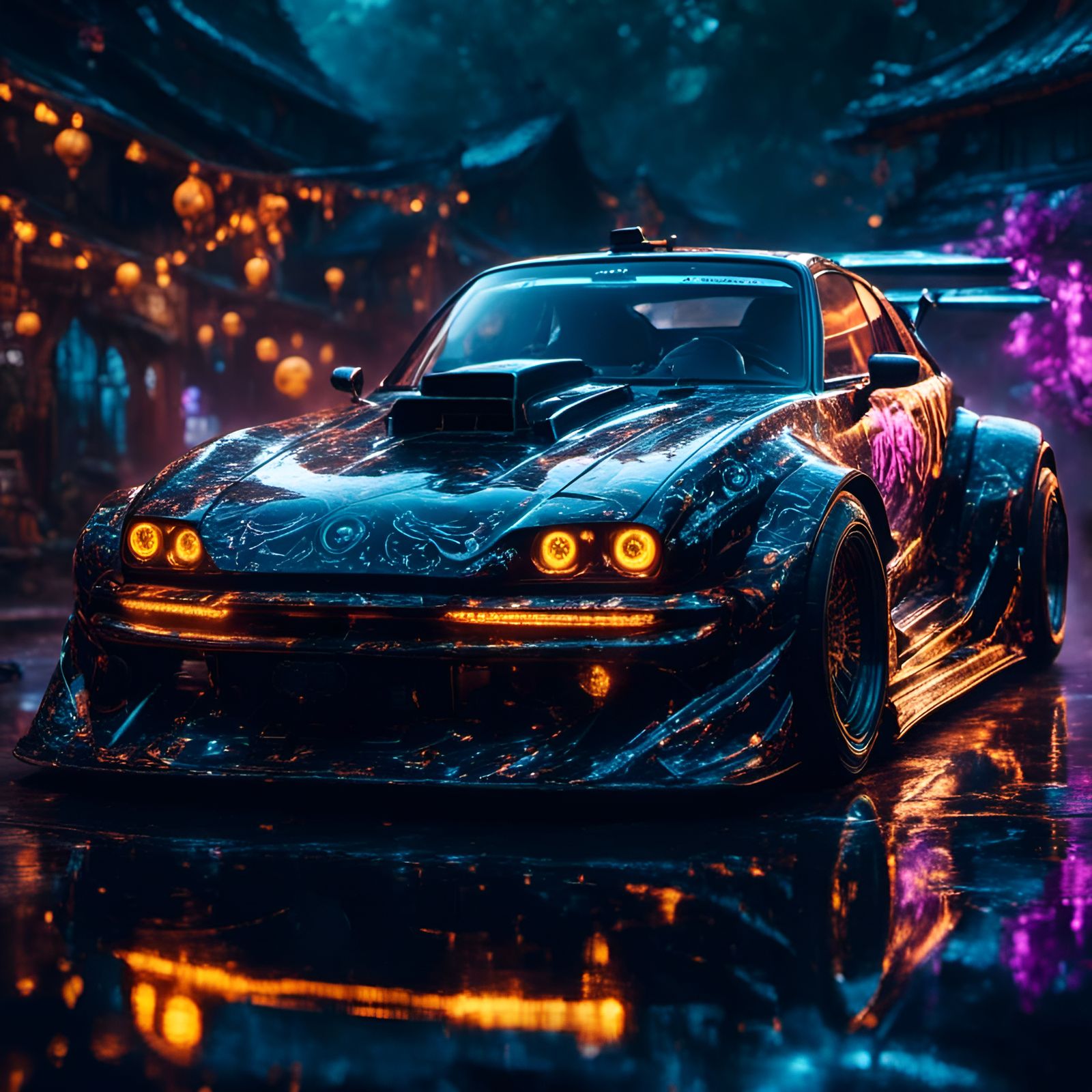 Ornate Black JDM Car in Solarpunk Halloween Village