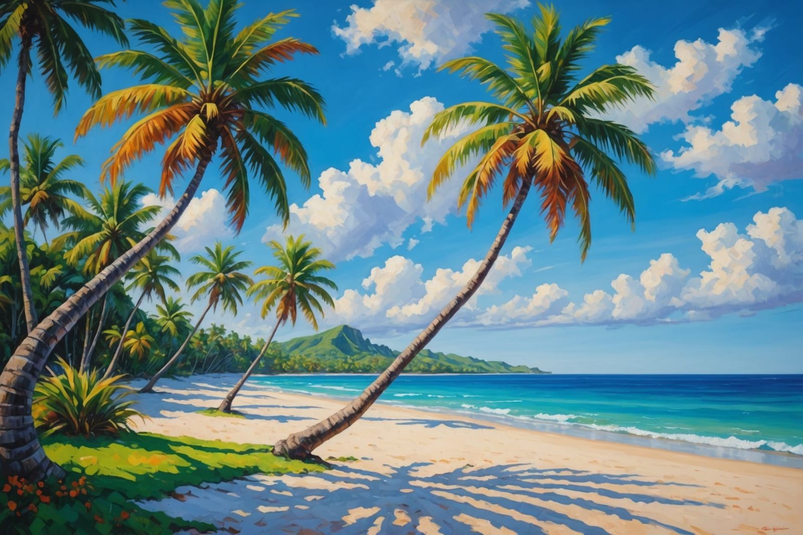 Polynesian Beach Palm Trees in Fauvist Oil Painting