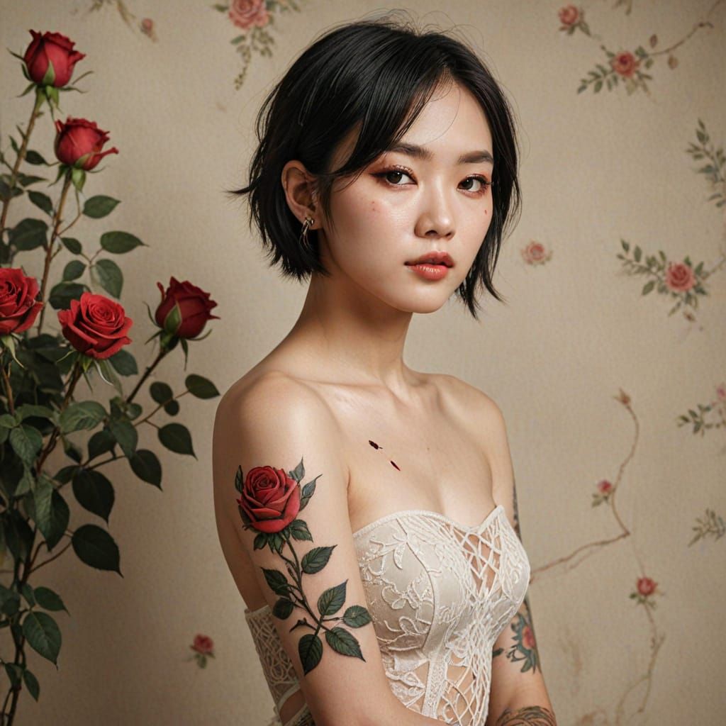 Elegant Young Woman Adorned with Vintage Rose Tattoos