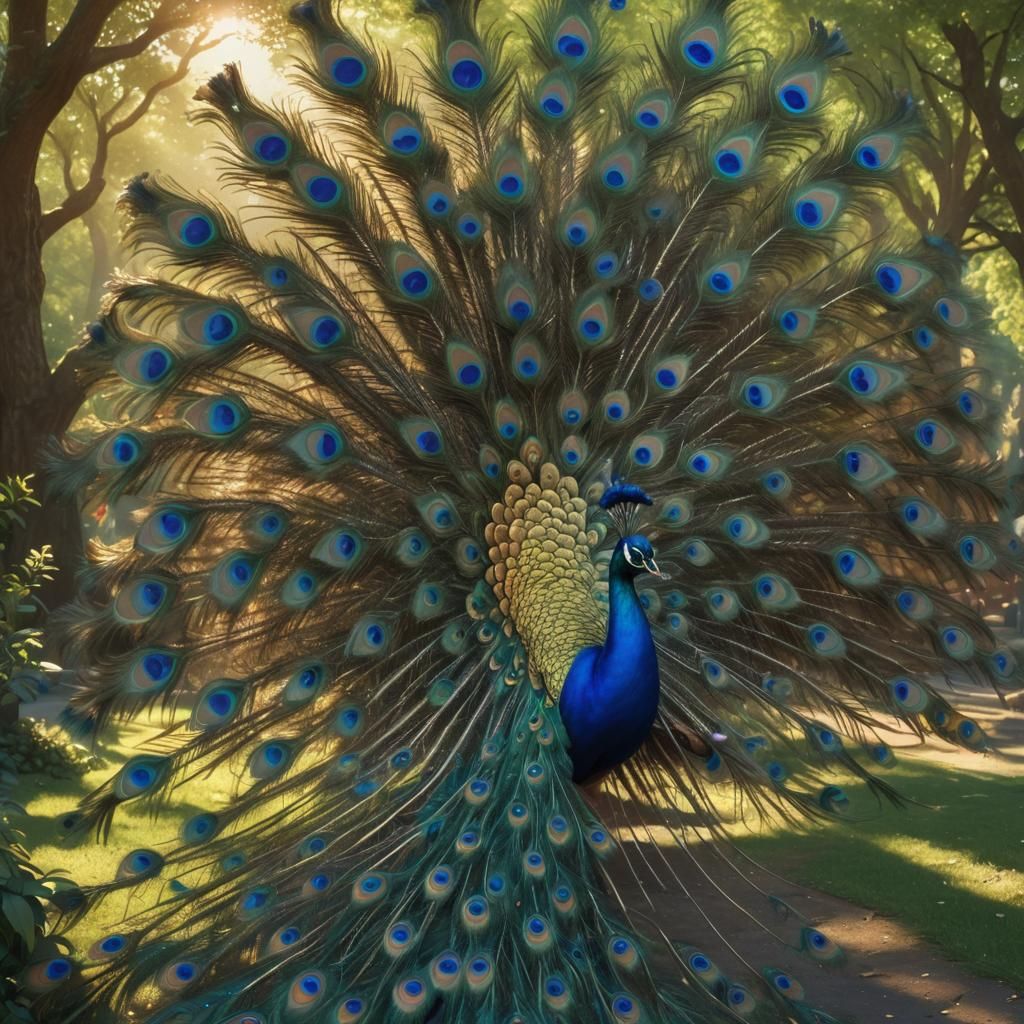 Majestic Peacock Displaying Plumage in Golden Light