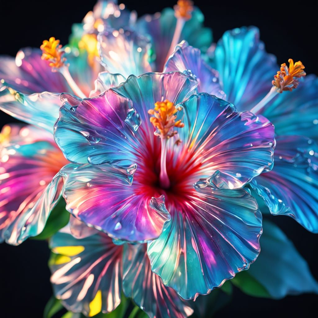 Sparkling Crystal Hibiscus Bouquet in Vibrant Digital Art