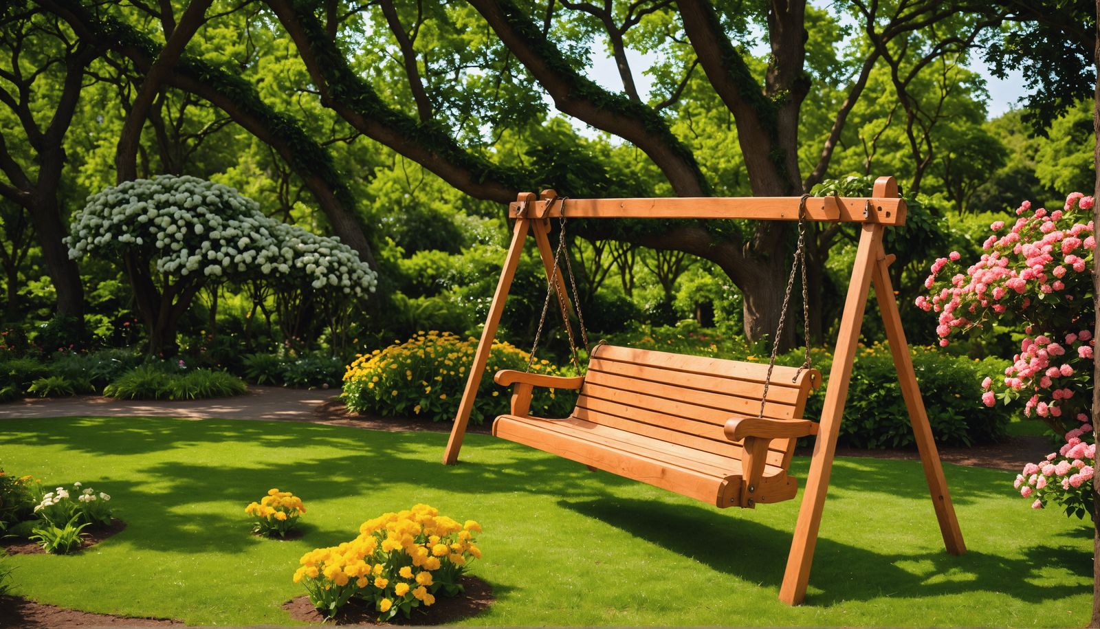 Hyperrealistic Wooden Swing in Botanical Garden