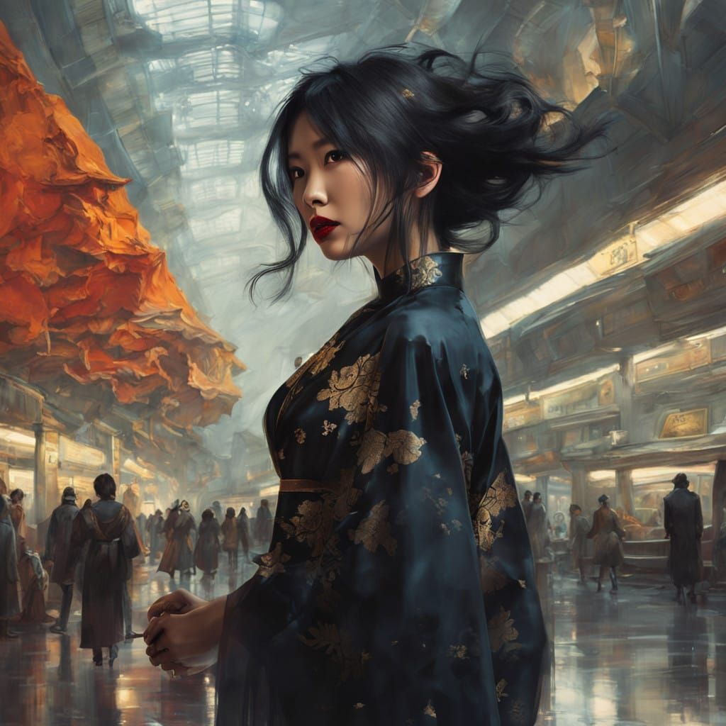 Mysterious Ghostly Beauty in Modern Airport Setting