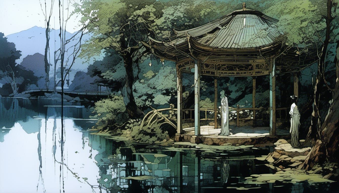 Korean Gazebo on River in Shin Hanga Style