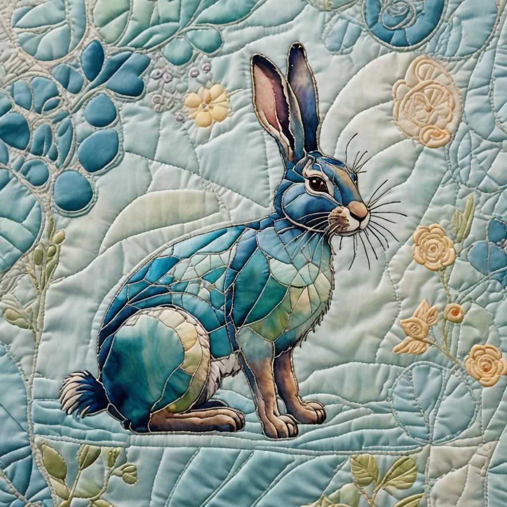 Blue Glass Hare on Pastel Quilt, Watercolor Style