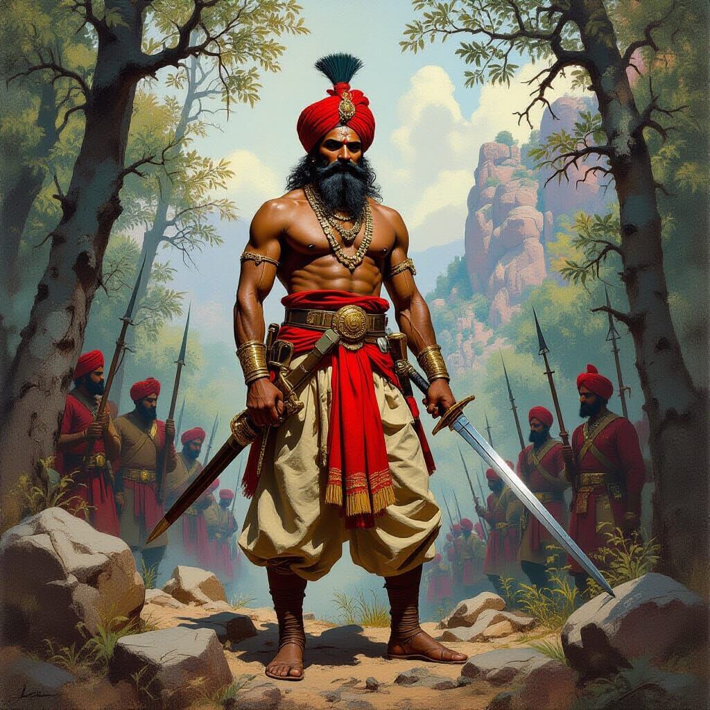 Maharana Pratap Planning Attacks, Historical Oil Painting