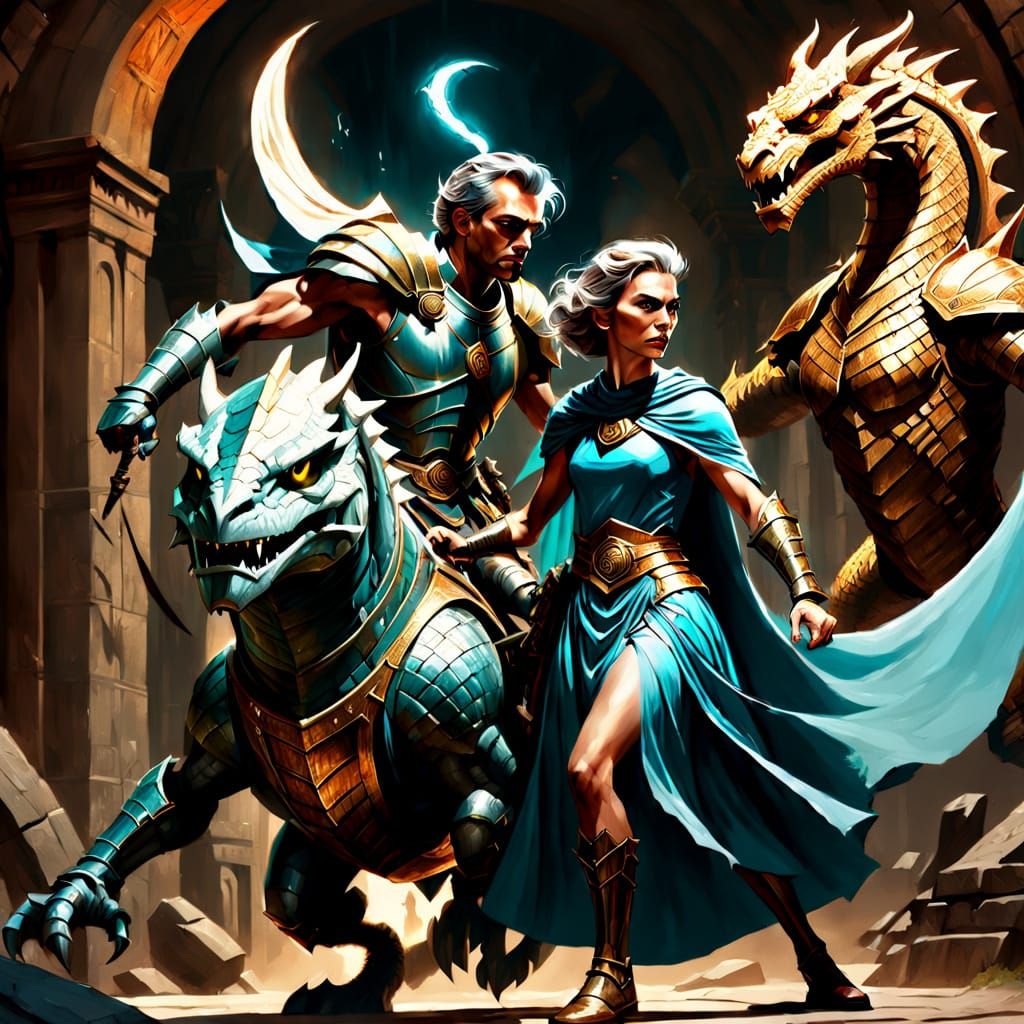 Knight Defends Lady From Dragon in Greek Sculpture Style