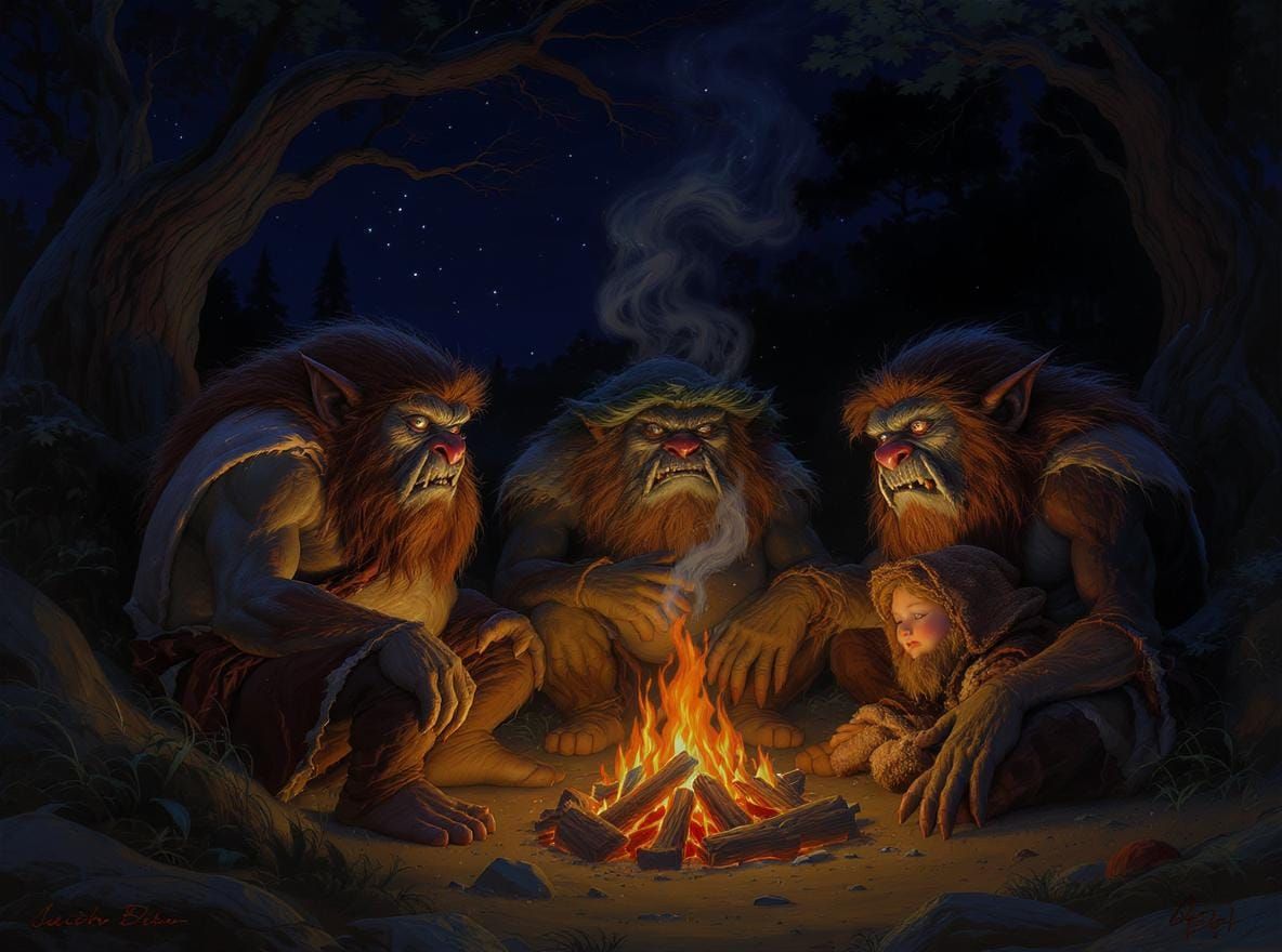 Trolls and Hobbit at Night in Fantasy Style