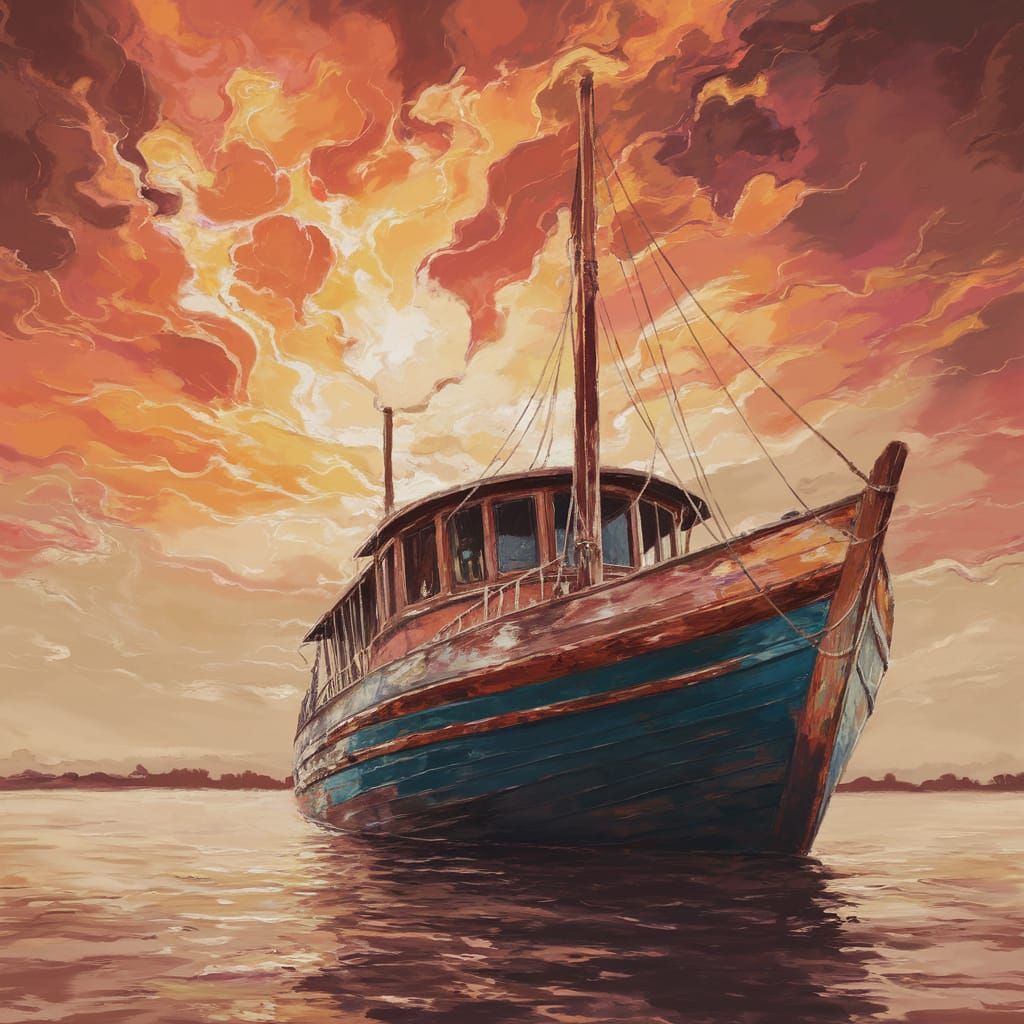 Vibrant Oil Painting of a Rusty Boat in a Dreamlike Amazonia...