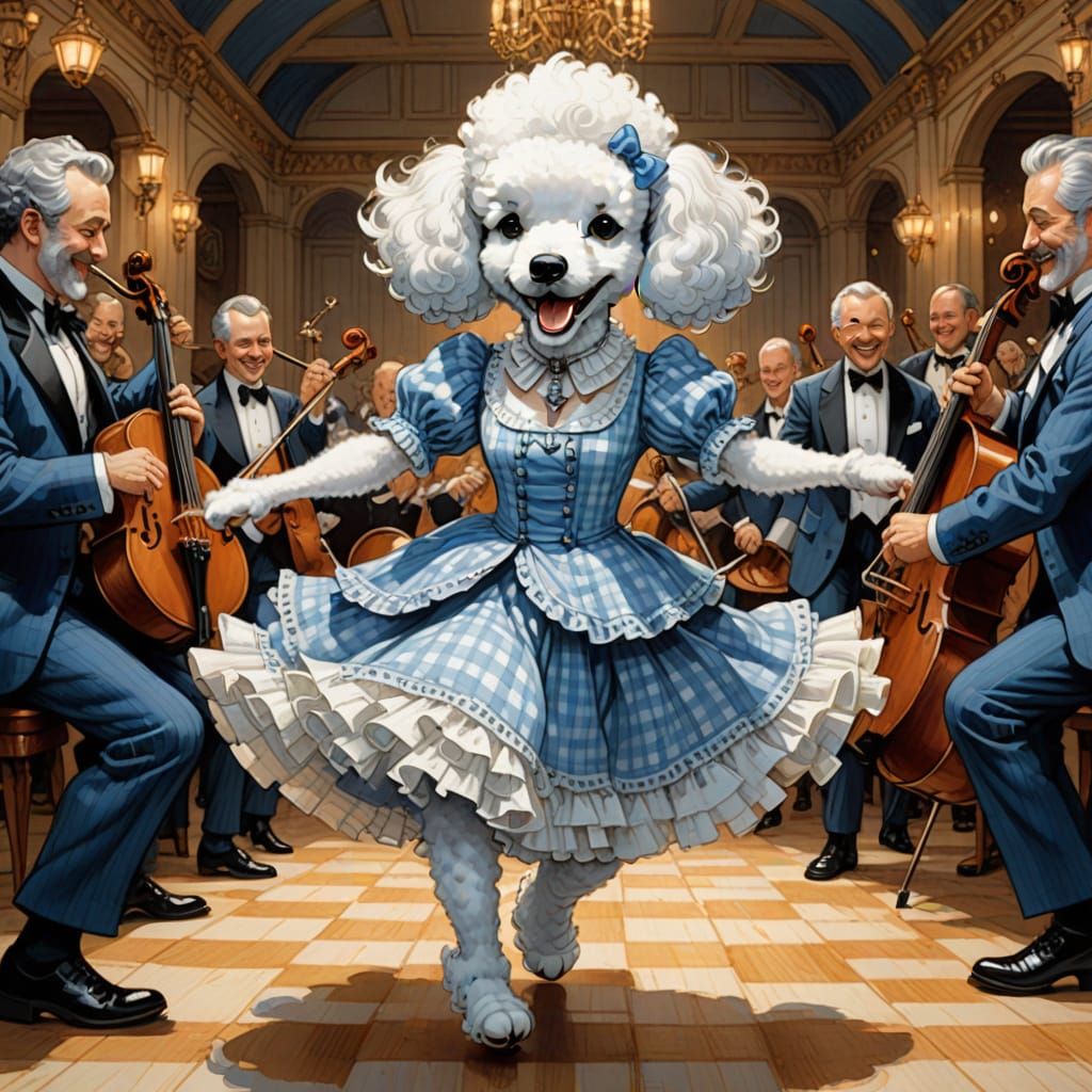 Whimsical Storybook Portrait of a Dancing Gingham Poodle