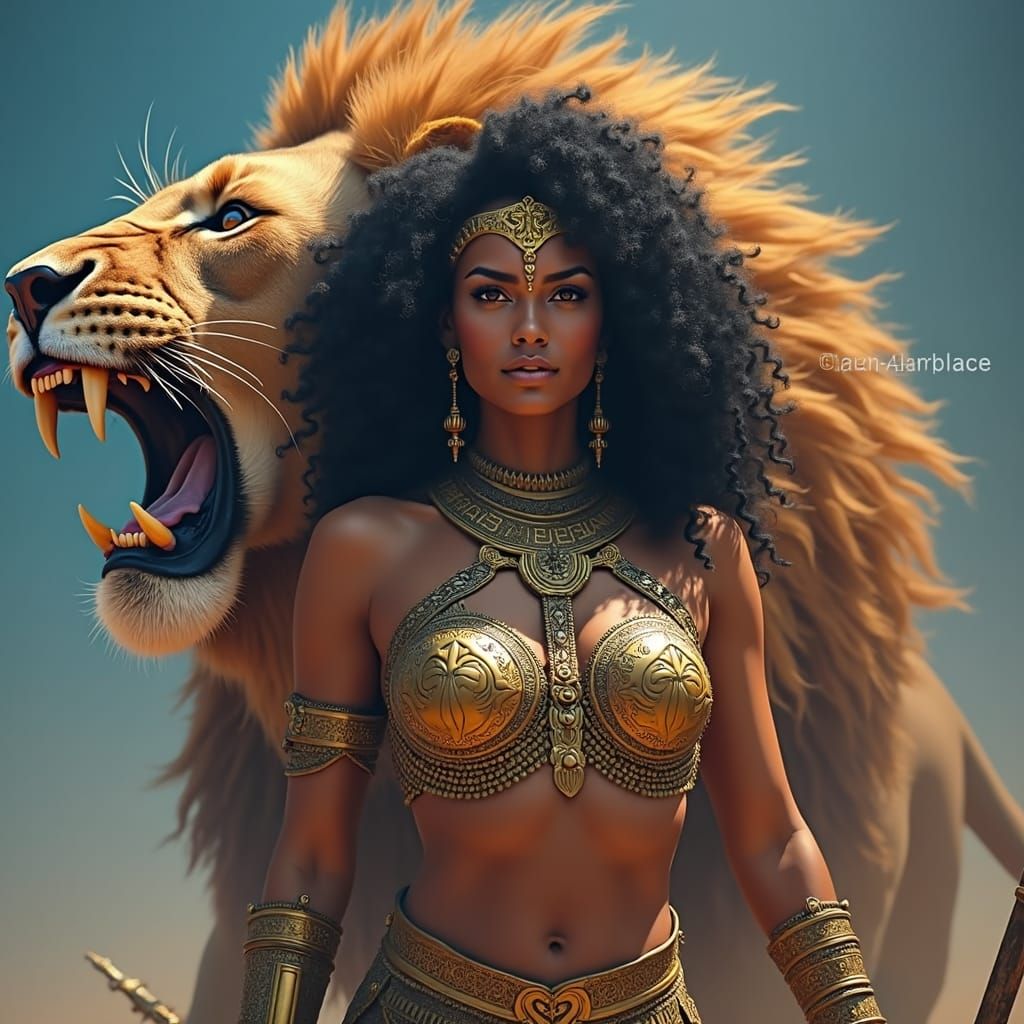 Regal Warrior Princess with Lion, in Fantasy Art Style