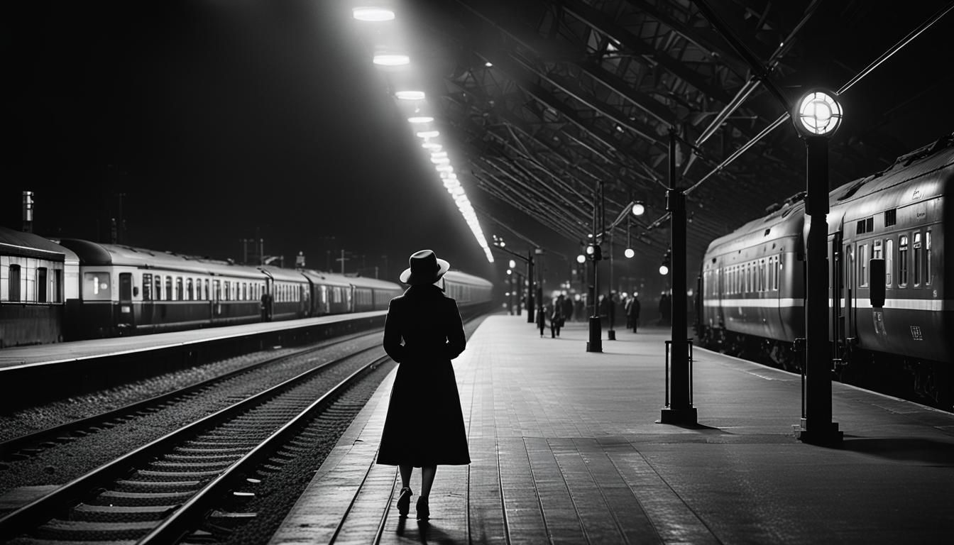 Black and white Film Noir, close up of a woman alone at a ra...