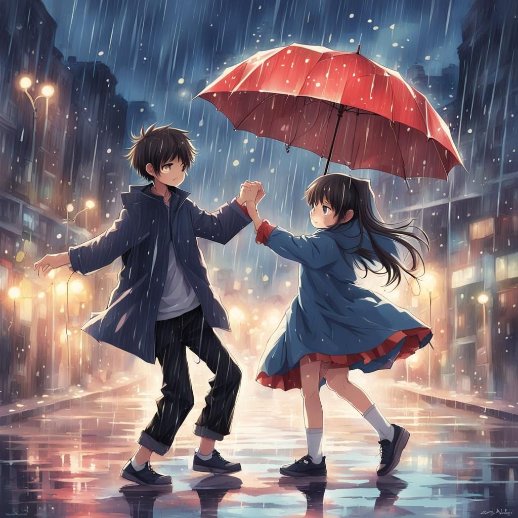 Anime Style: Girl and Boy Dancing in Rain