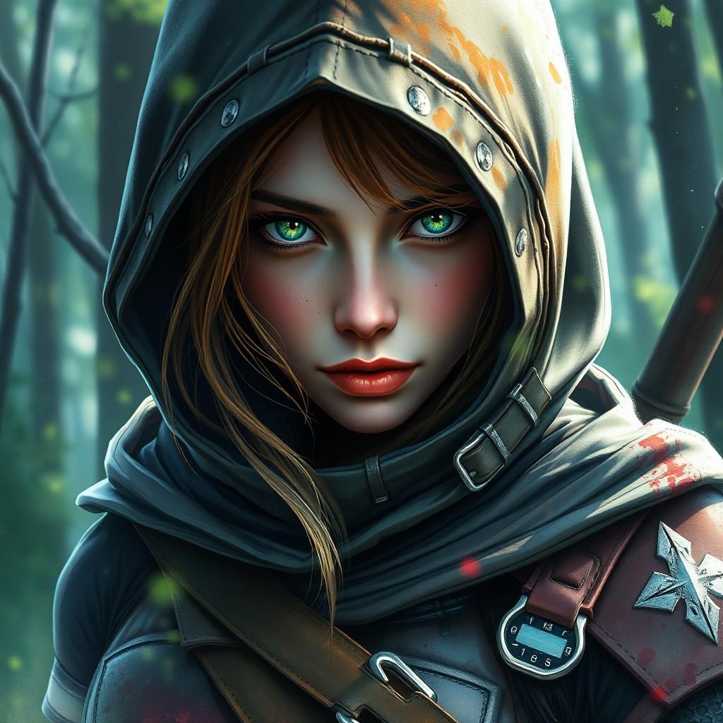 Watercolor Portrait of Female Rogue in Forest