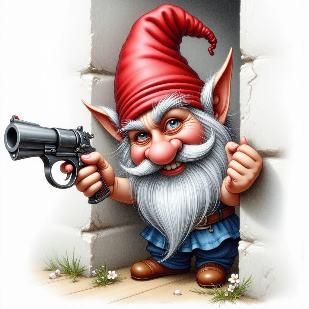 Mischievous Gnome with Revolver in Comic Sketch Style