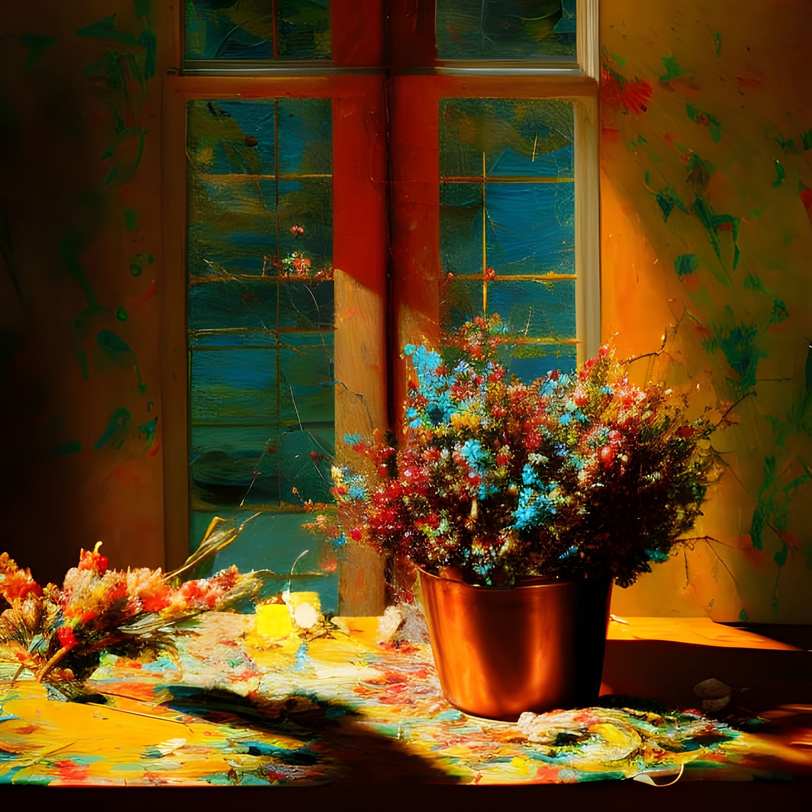 Dried Flowers in Copper Bucket, Hyperreal Painting