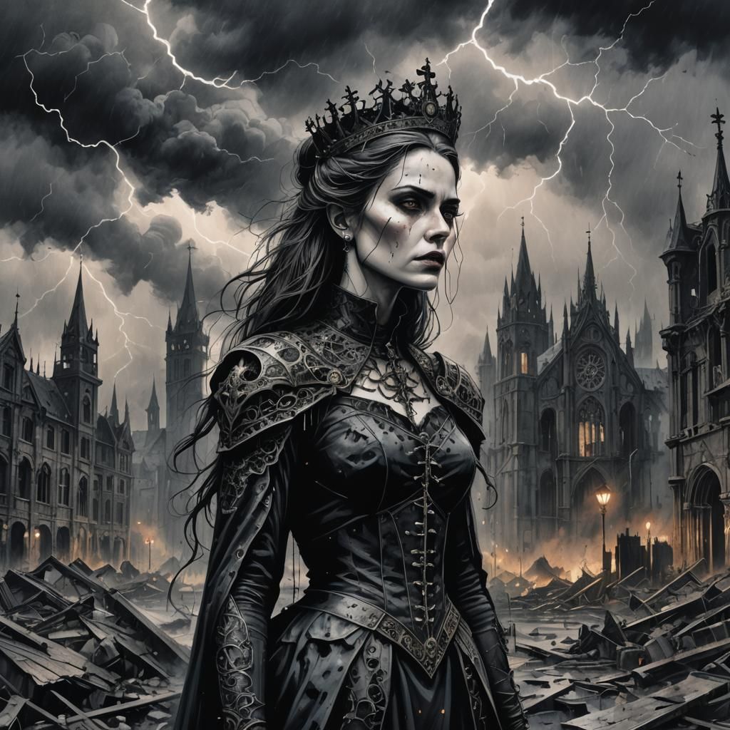 Gothic Queen in Ruined Cityscape: Modern Ink Painting