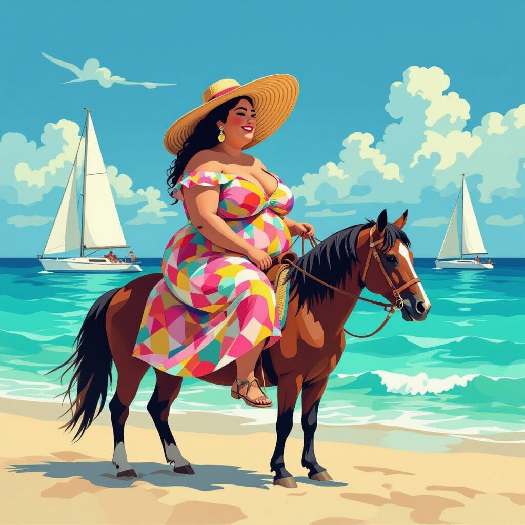 Woman Riding Pony in Cubist Style Beach Scene