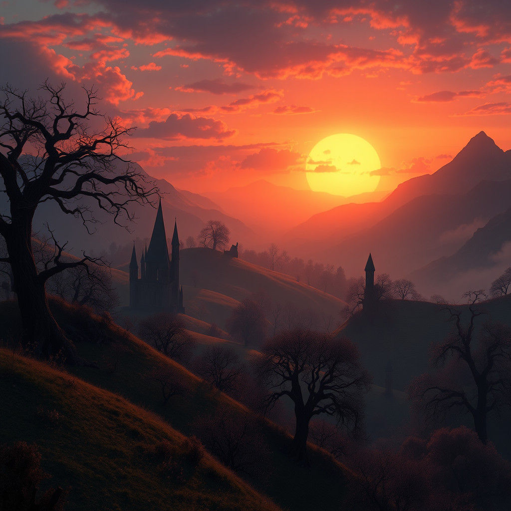 Mystical Sunset Illuminates Fantasy Landscape