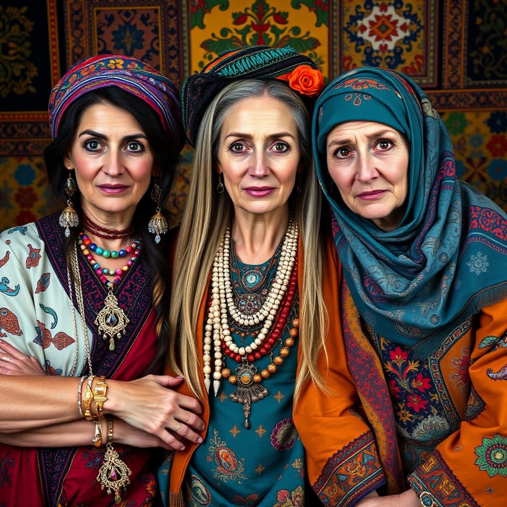 Portrait of Three Nomadic Women in Eclectic Setting