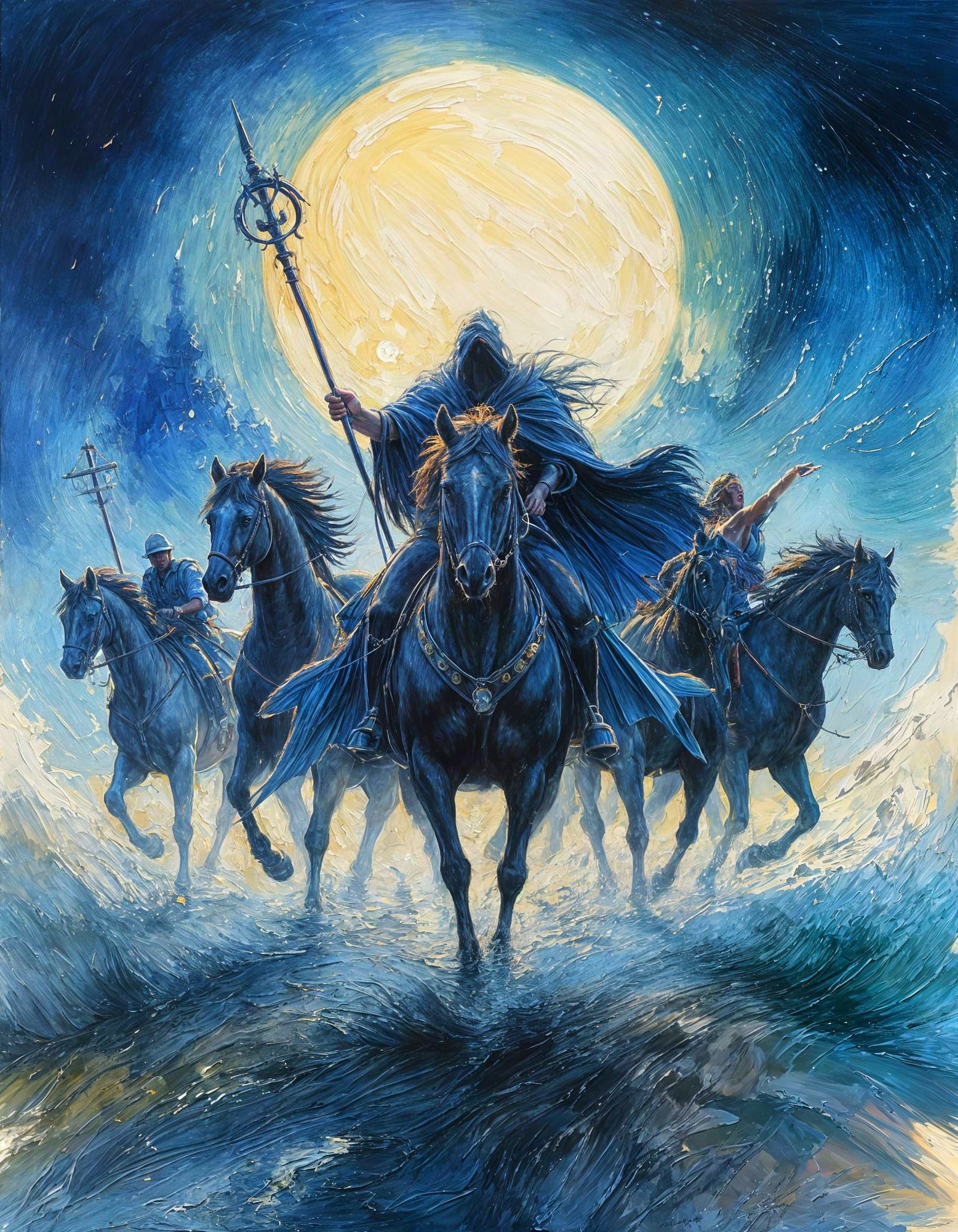 Apocalypse Horsemen in Stylized Watercolor at Midnight