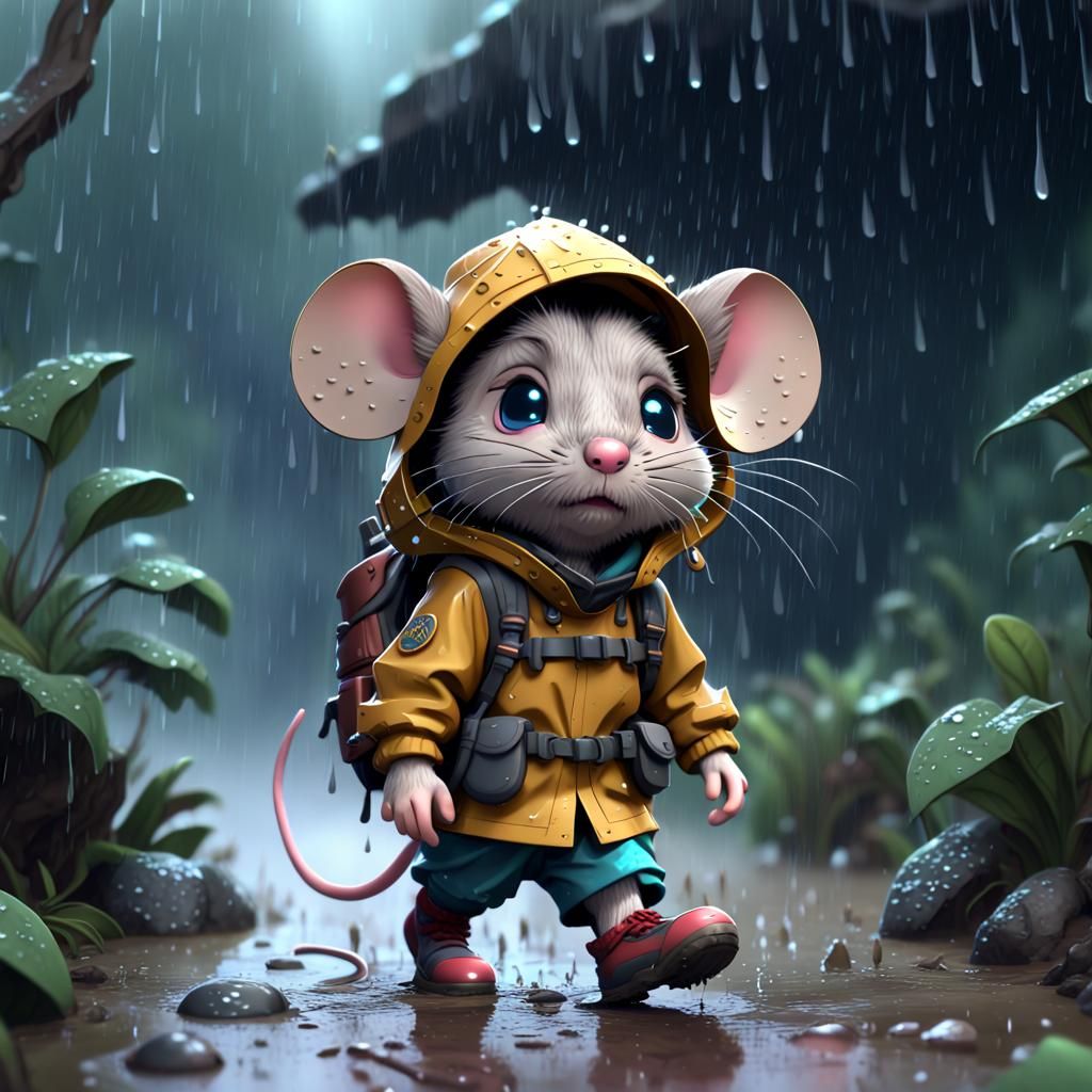 Chibi Mouse Hiking in the Rain