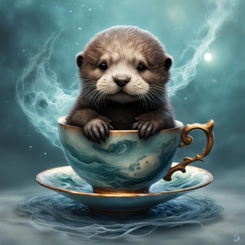 Sea Otter Pup in Teacup: Dark Fantasycore Masterpiece