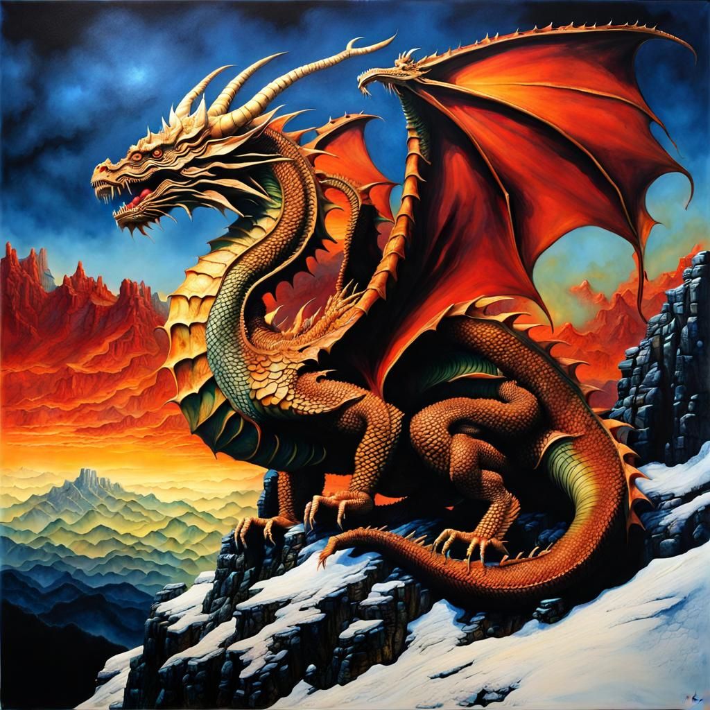 Dragon on Mountaintop in Encaustic Alcohol Ink Style