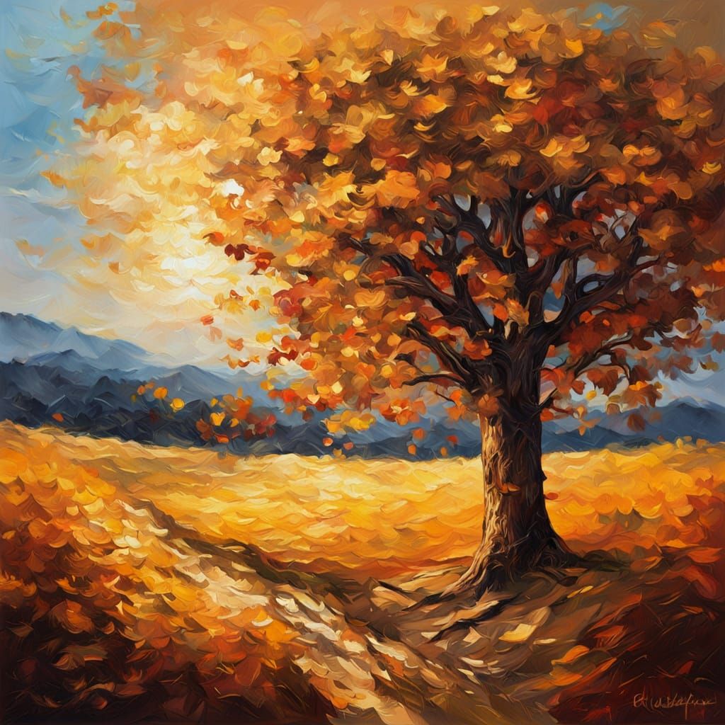 Expressionist Oil Painting of Tree with Impasto Texture