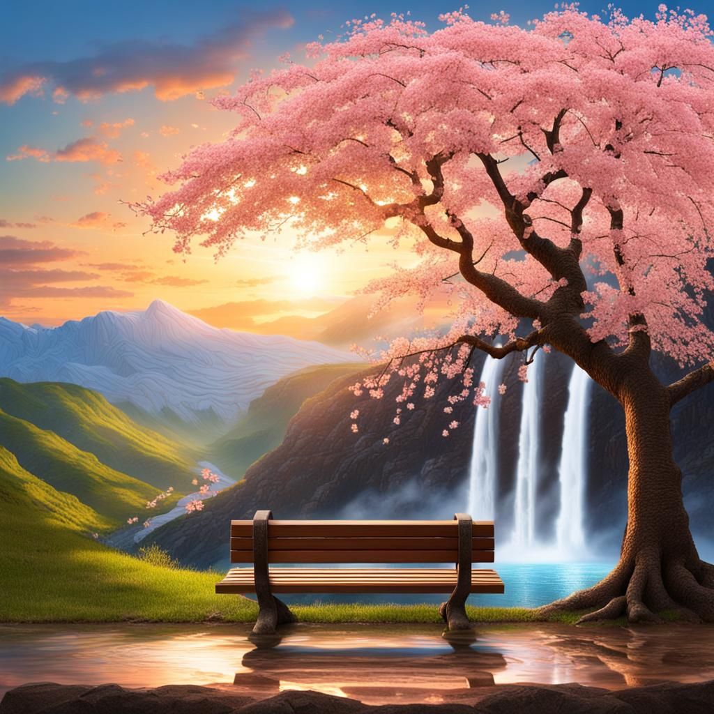 Cherry Blossom Tree with Waterfall Sunset