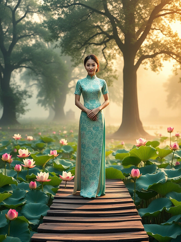 Vietnamese Lady by Lotus Pond in Traditional Style