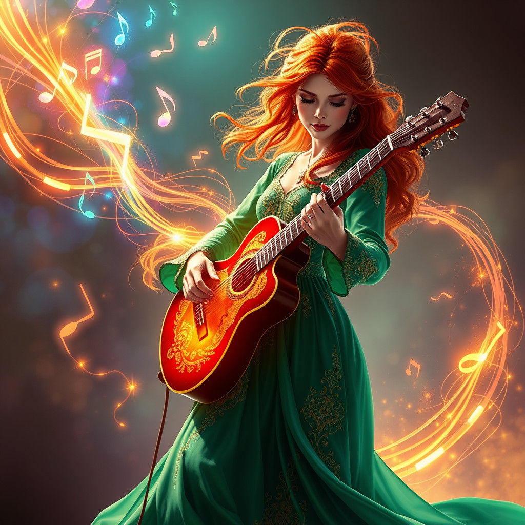 Fiery Redhead Bard Plays Magical Guitar