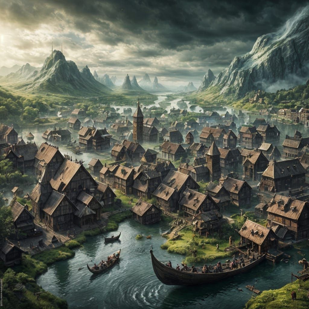 Dark Fantasy Viking River City with Drakkar Ships