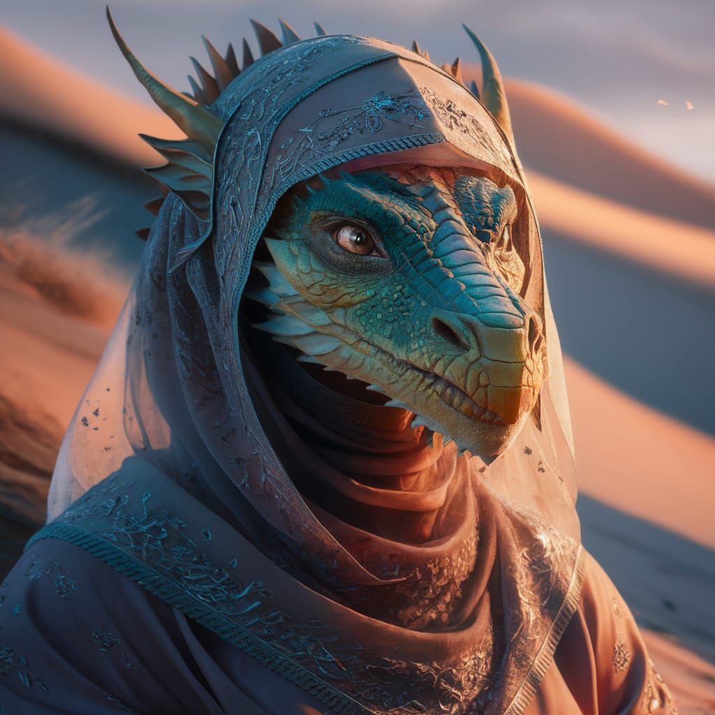 Dragon in Burqa and Niqab with Desert Backdrop