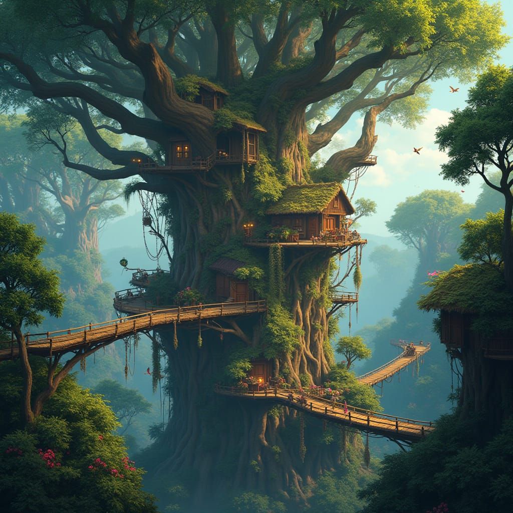 Whimsical Treetop Village Amidst Majestic Forest Giants