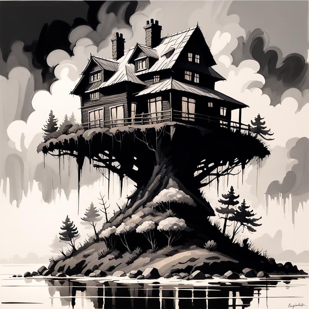 Foggy Island House: Gouache Impressionist Masterpiece