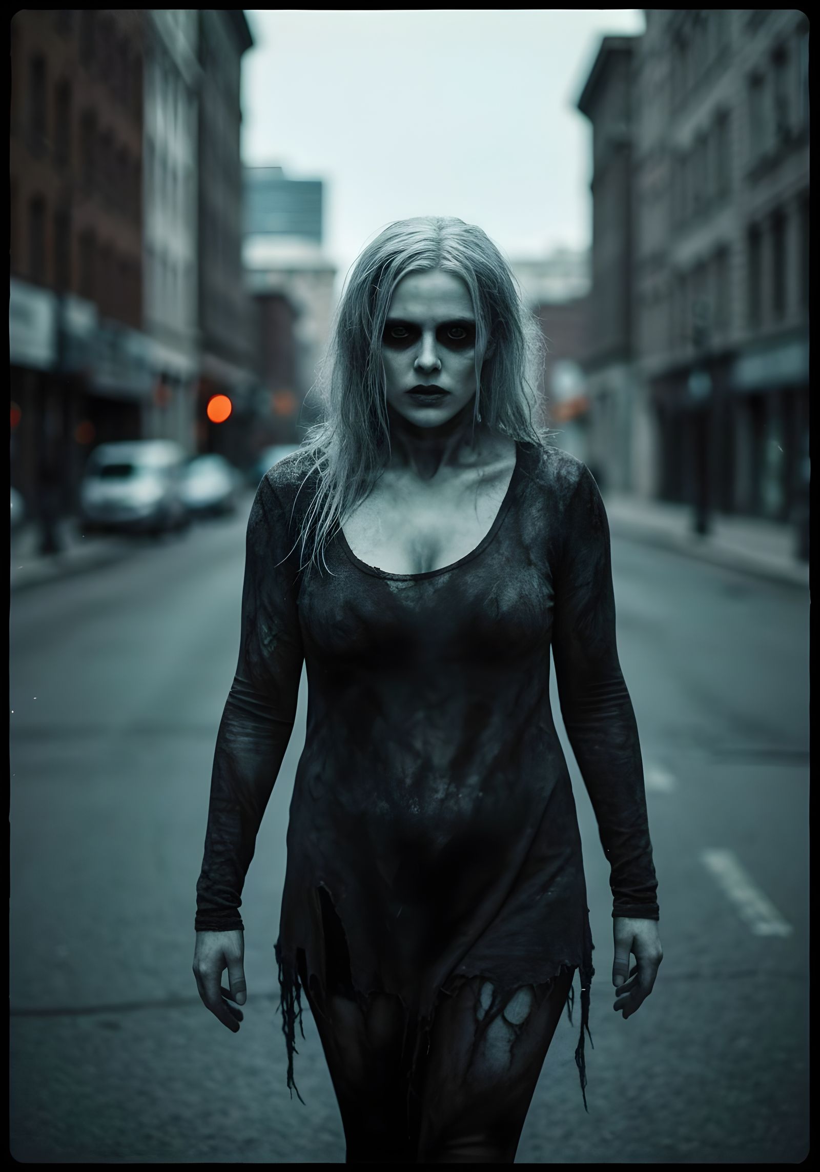 Zombie Woman in Desolate City: Cinematic Film Still