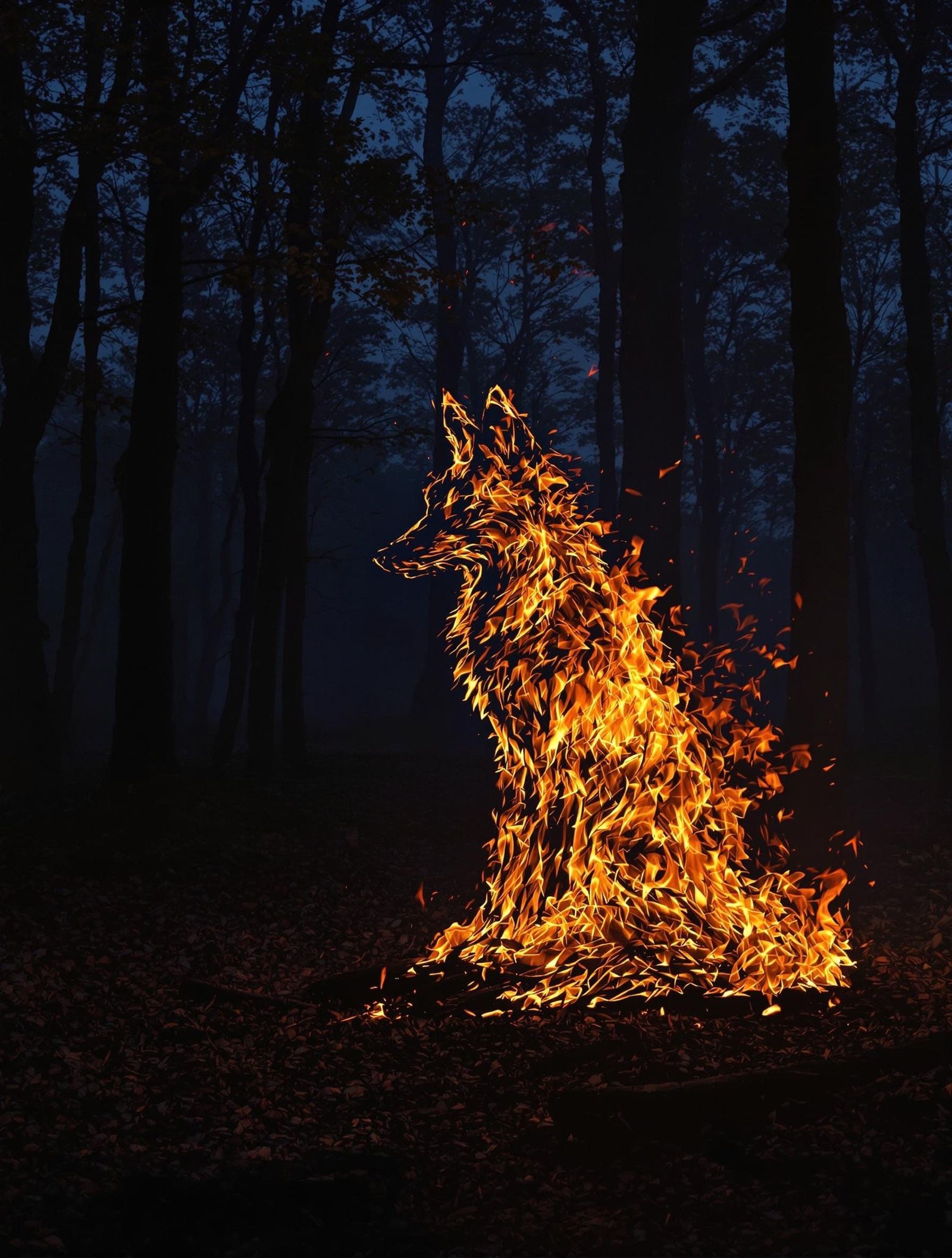 Flaming Fox Silhouette in Forest, Photorealistic Surrealism