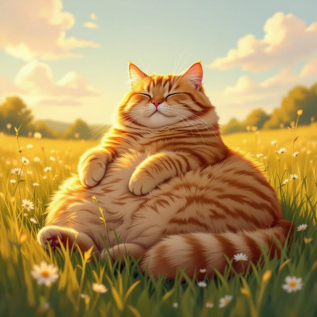 Colossal Ginger Cat Lounging in Sunlit Meadow
