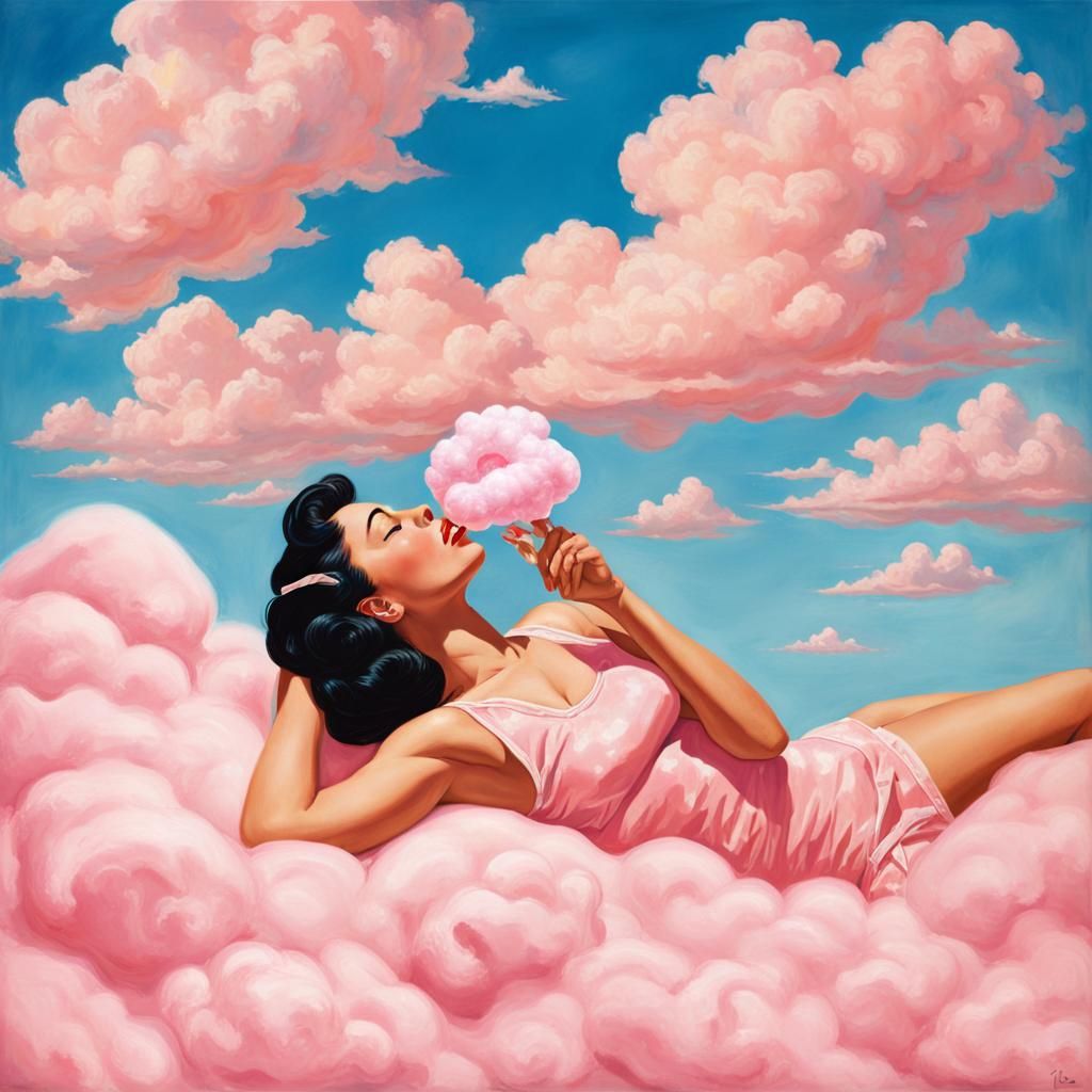1950s Girl on Pink Cloud Blowing Kiss: Hyperrealistic Art