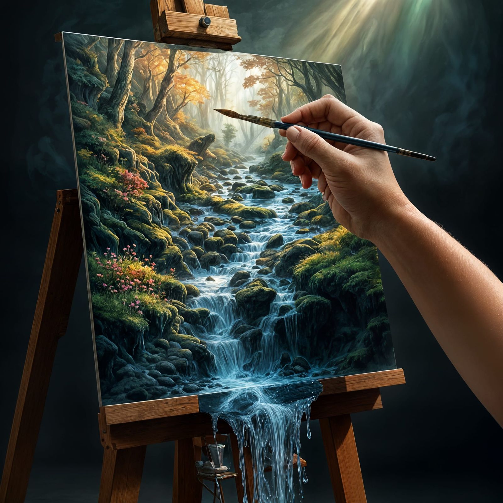 Ethereal Hand Painting a Forest Brook Illusion