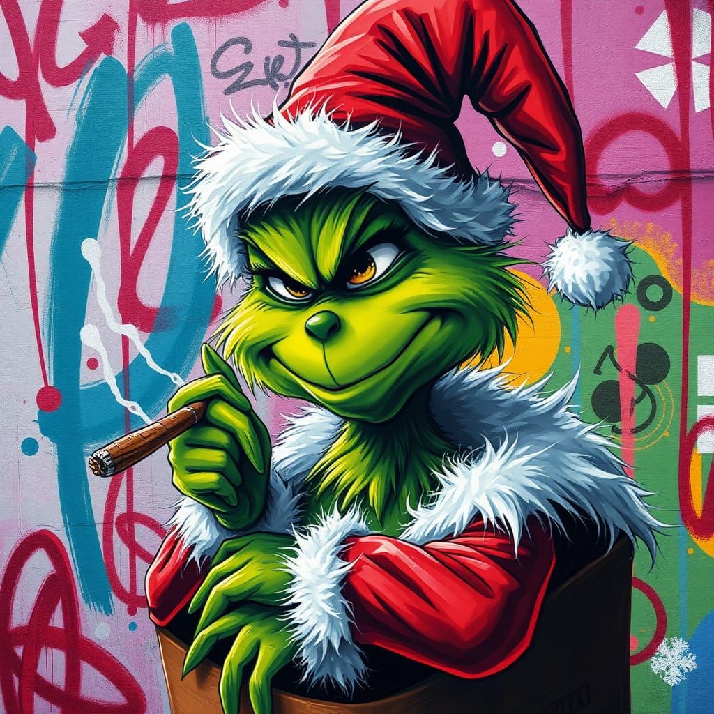 Grinch Smoking Candy Cane Cigar in Graffiti Landscape